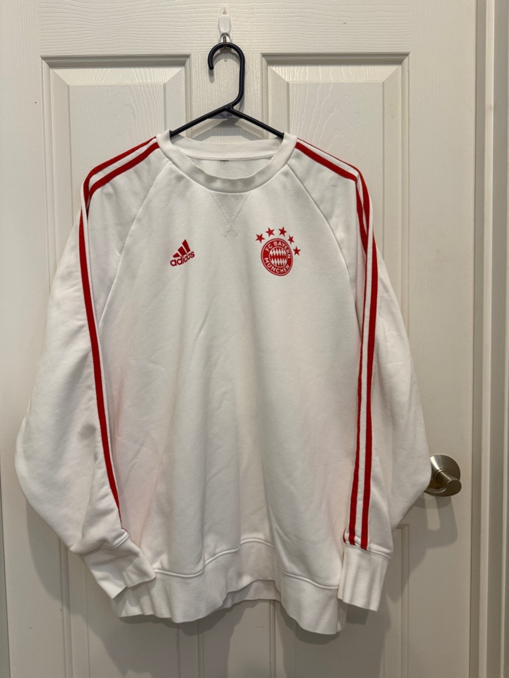 Adidas White Crewneck Sweatshirt with Red Stripes and Badge